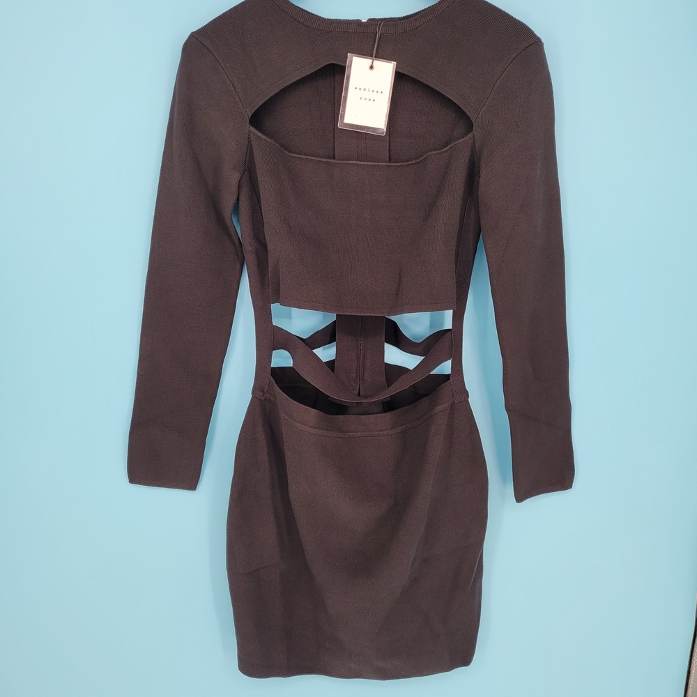 NWT Endless Rose black Cutout Knit Mini Dress Long Sleeve Ribbed Bodycon NWT L